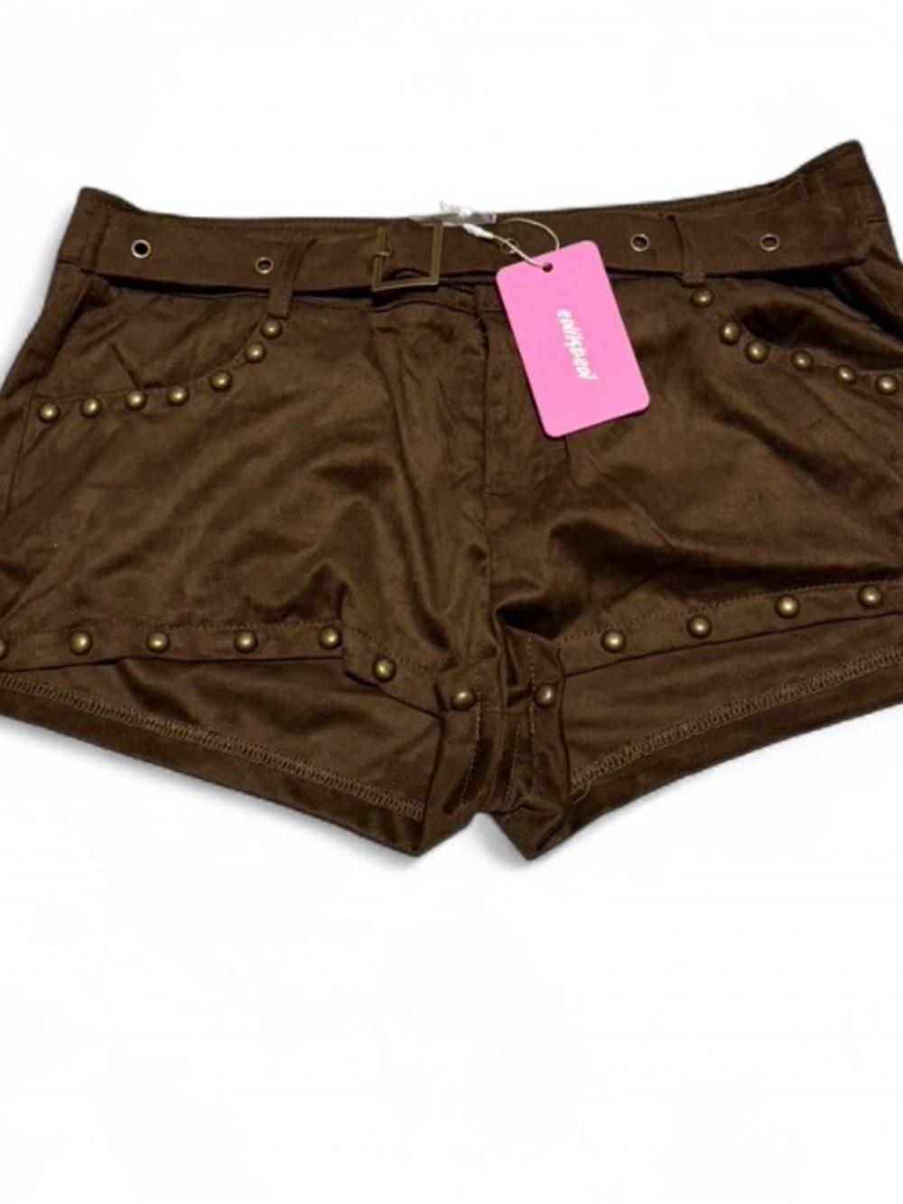 Edikted Brown Faux Suede Studded Belted Micro Mini Shorts